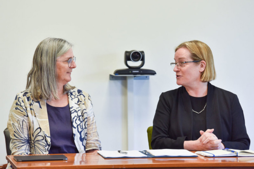Prof Sue Harrison (left) and Prof Evelyn Welch at the signing of the Professorship agreement in March 2023